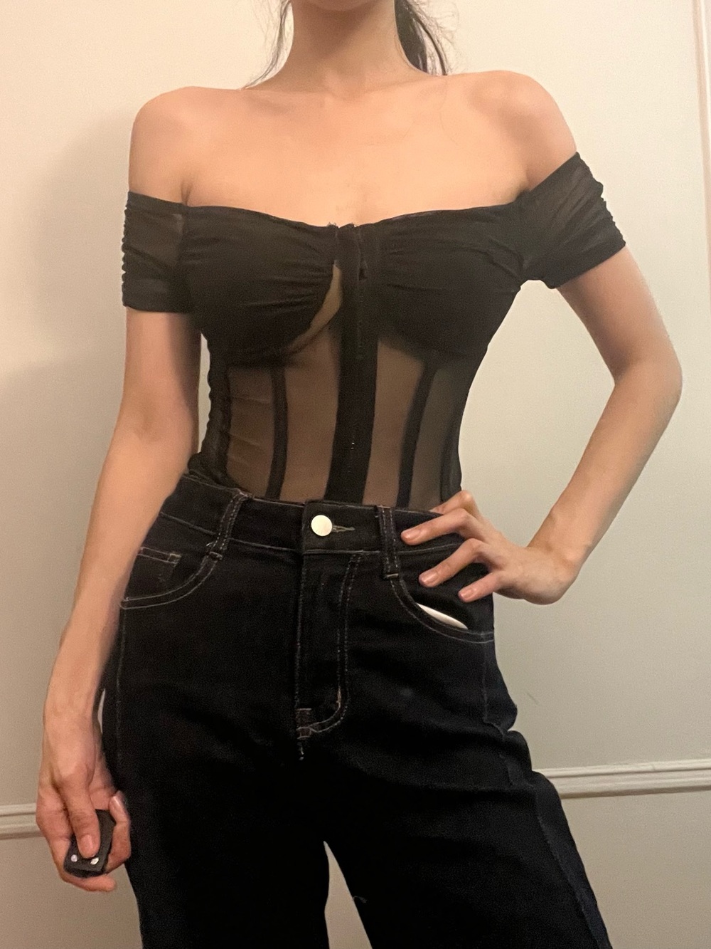 Forever 21 Black Off-Shoulder Mesh Corset Bodysuit